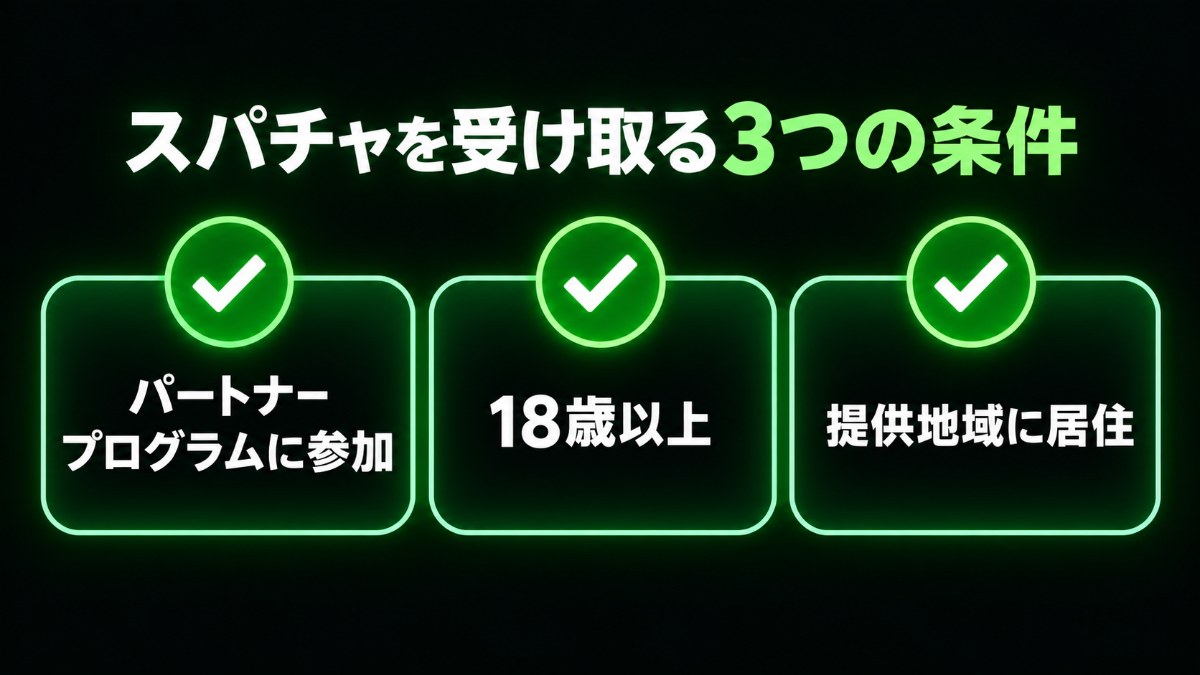 スパチャを受け取る3つの条件。パートナープログラムに参加、18歳以上、提供地域に居住