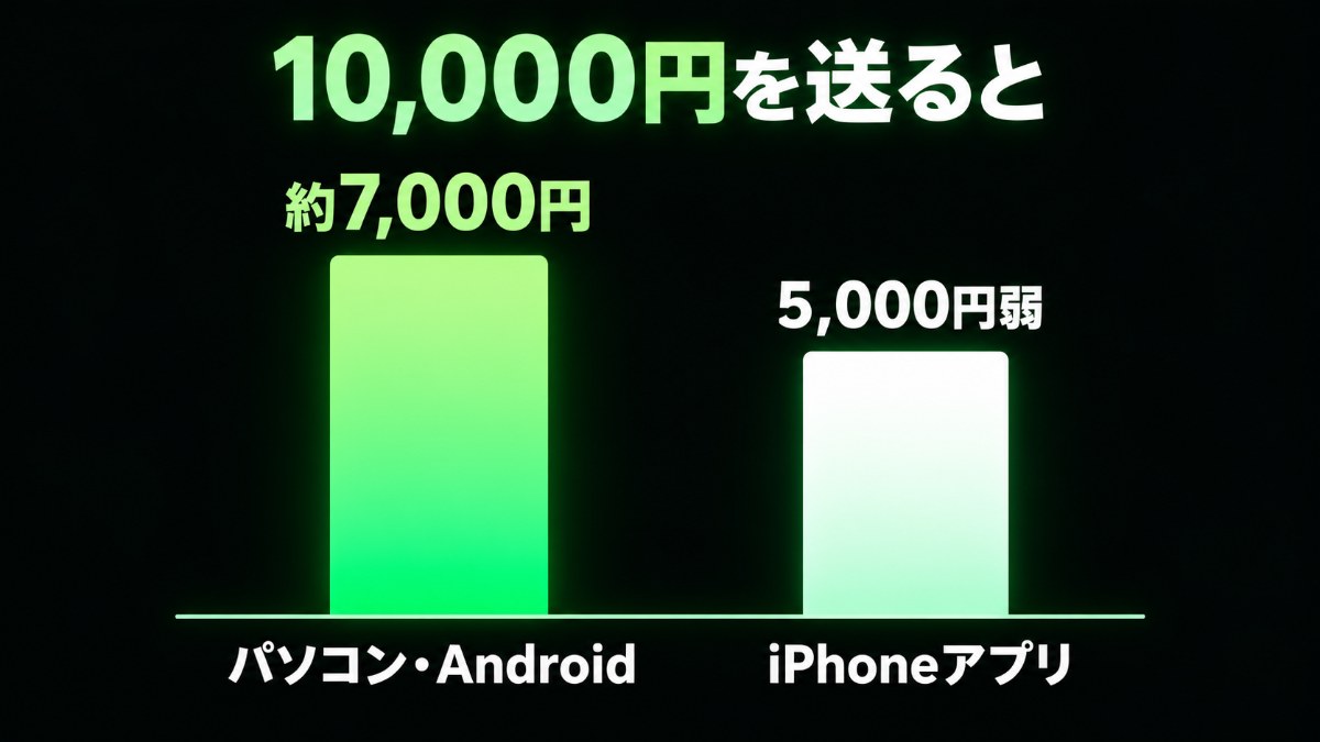 10,000円を送った場合の配信者の取り分の比較。パソコン・Androidは約7,000円、iPhoneアプリは5,000円弱